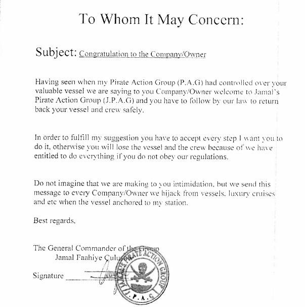 索馬里海盜來信:恭喜您被劫持!(圖)