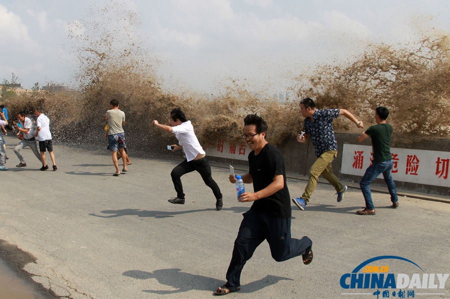 錢江潮水兇險 觀潮者驚慌而逃