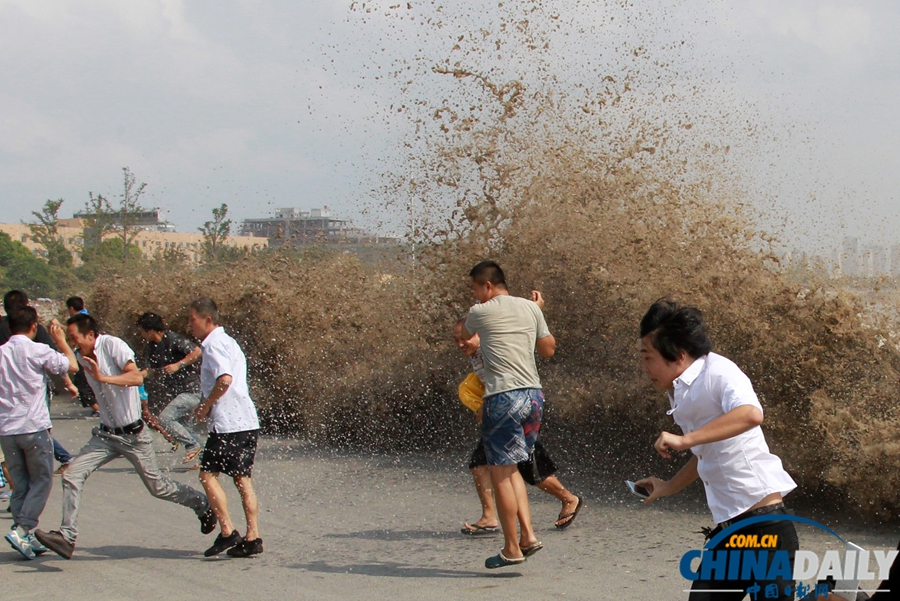 錢江潮水兇險 觀潮者驚慌而逃