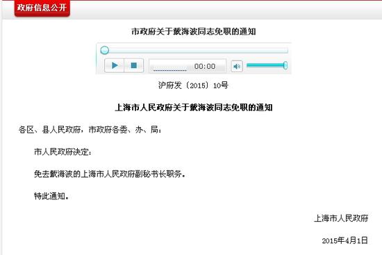 戴海波被免去上海市人民政府副秘書長職務(wù)