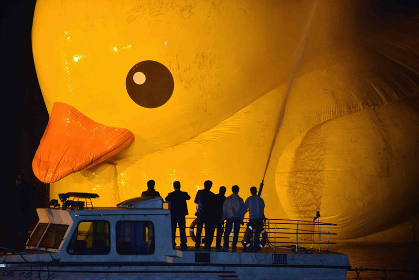 高清：大黃鴨昆明湖里“沖個澡”繼續在頤和園展出