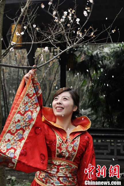 立春時(shí)節(jié)民眾著唐裝在甫草堂賞梅花