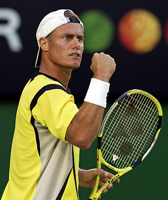 Lleyton Hewitt of Australia reacts during his match against Juan Ignacio Chela of Argentina at the Australian Open tennis tournament in Melbourne January 19, 2006. [Reuters] 