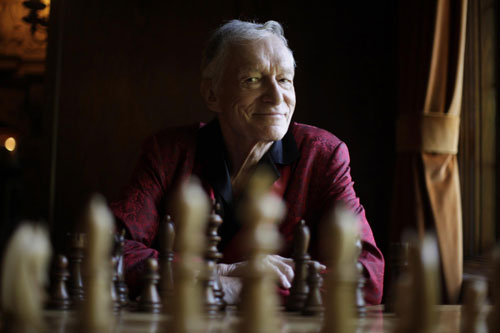 Playboy magazine founder Hugh Hefner poses for a portrait at Playboy mansion