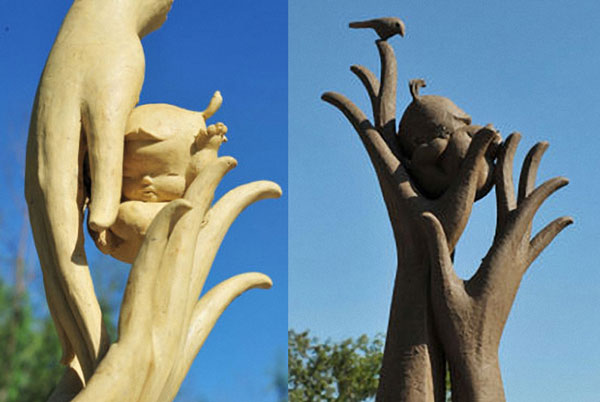 Combination photo shows the samples of a sculpture that will be built in Hangzhou, East China’s Zhejiang province, for Wu Juping, a 31-year-old woman for her brave deeds. 'The Most Beautiful Mother' sculpture to be built