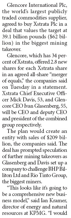 Glencore agrees to buy Xstrata, in $62 billion deal