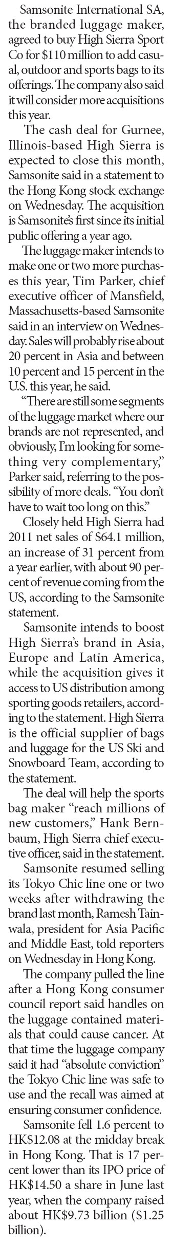 Samsonite to purchase top luggage producer