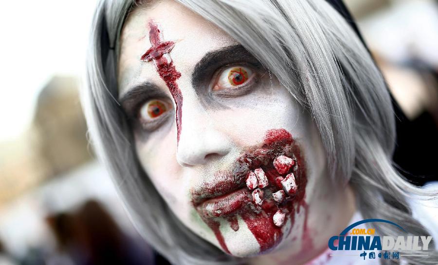 德國“僵尸”大游行 看誰的造型更恐怖？