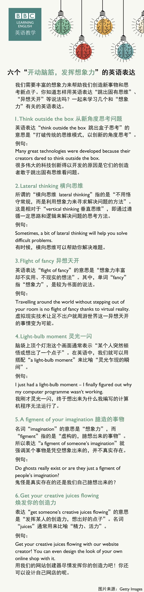 六個(gè)“開(kāi)動(dòng)腦筋,發(fā)揮想象力”的英語(yǔ)表達(dá)