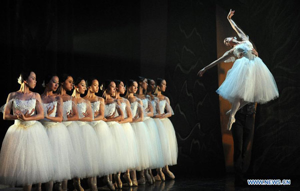 Dancers perform during rehearsal of the classic ballet in Taipei