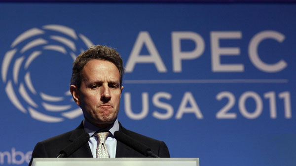 US Treasury Secretary Timothy Geithner speaks during a news conference after a meeting of APEC finance ministers at the APEC Summit in Honolulu, Hawaii Nov 10, 2011. Finance ministers meet at APEC Summit