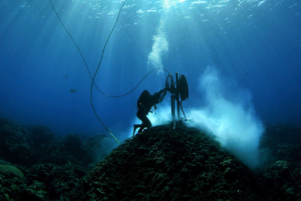 Divers inspect coral on the Great Barrier Reef